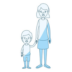 blue silhouette shading caricature full body mother taken hand with boy vector illustration