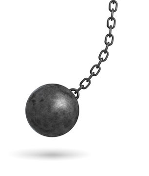 3d rendering of a dark black wrecking ball hanging from a chain and swinging in one side.