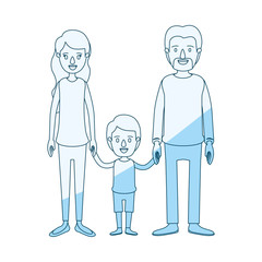 blue silhouette shading caricature family with parents and little boy taken hands vector illustration