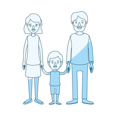 blue silhouette shading caricature family with father bearded and mom with short hair with little boy taken hands vector illustration