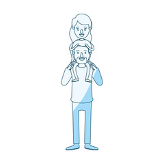 Obraz premium blue silhouette shading caricature bearded father with moustache and girl on his back vector illustration