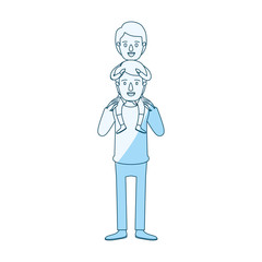 blue silhouette shading caricature young father with boy on his back vector illustration