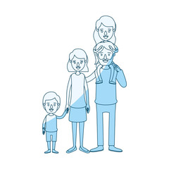 blue silhouette shading caricature big family parents with girl on his back and son taken hands vector illustration