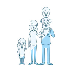 blue silhouette shading caricature big family parents with boy on his back and daugther taken hands vector illustration