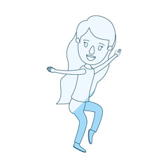 blue silhouette shading caricature full body woman with long wavy hair dancing vector illustration