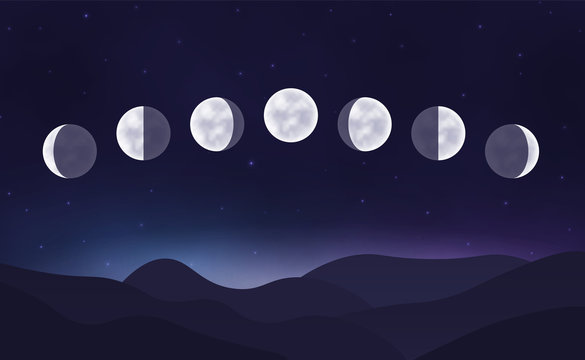 Lunar cycle in the night sky with stars. Landscape. Vector illustration.