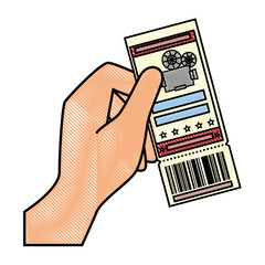 hand holding a cinema ticket icon over white background. colorful design. vector illustration