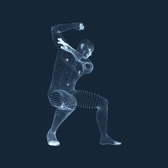 Fighting Man. 3D Model of Man. Human Body Model. Body Scanning. View of Human Body. Vector Graphics Composed of Particles.