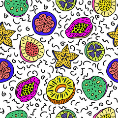 Naklejka premium Seamless pattern of isolated hand drawn colorful fruit in memphi