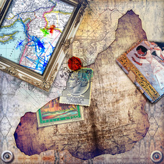 Background with collage,map,frame and stamps