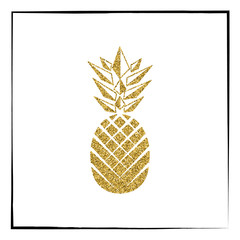 Gold glitter Pineapple pattern. Summer fruit trendy illustration. Pineapple isolated on white background. Poster design. Vector illustration.