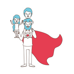 Obraz premium silhouette cartoon with color sections of full body super dad hero with girl on his hand and boy on his back vector illustration