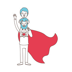 silhouette cartoon with color sections of full body super dad hero with boy on his back vector illustration