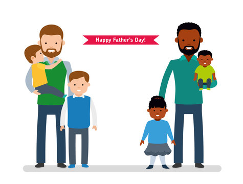 Happy Father's Day. Two happy father with children, single dad European, the other dad is African American. Happy cute family. Vector illustration in cartoon flat style - Powered by Adobe