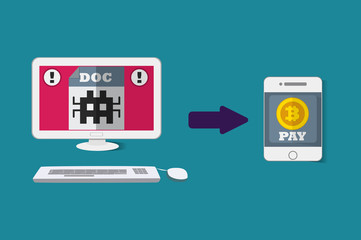 Bitcoin cryptographic currency under malware attack flat design vector