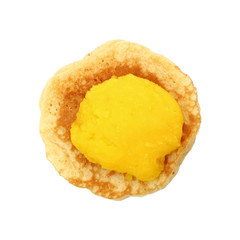 circle pancake with egg custard isolated on white