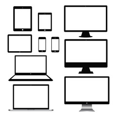 Set of realistic computer monitor, laptop, tablets and mobile phone. Electronic gadgets