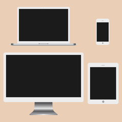 Set of realistic computer monitor, laptop, tablets and mobile phone. Electronic gadgets