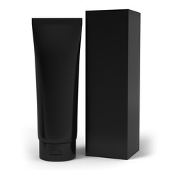 Realistic rendering of blank white cosmetics tubes and box packaging isolated on white background. 3D Illustration.