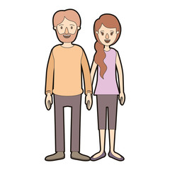 light color caricature thick contour full body couple woman with ponytail side hair and man in casual clothing vector illustration