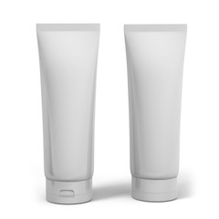 Realistic rendering of blank white cosmetics tubes and box packaging isolated on white background. 3D Illustration.