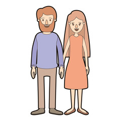 light color caricature thick contour full body couple woman with long hair in dress and man in casual clothing vector illustration