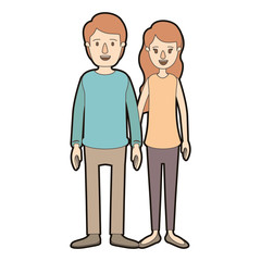 light color caricature thick contour full body couple in casual clothing vector illustration