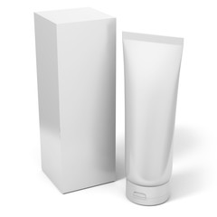 Realistic rendering of blank white cosmetics tubes and box packaging isolated on white background. 3D Illustration.