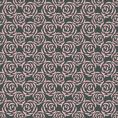 Pattern with rose blossoms on a black background. Simple vintage floral background. Ornament with painted pink flowers Pink color Seamless vector illustration