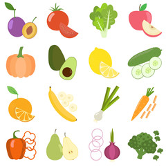 Set of fresh healthy vegetables and fruits. Slices of fruits and vegetables. Flat design. Organic farm illustration. Healthy lifestyle vector design elements.