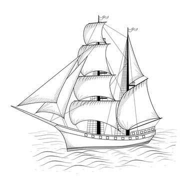 vintage ship with sails and sea