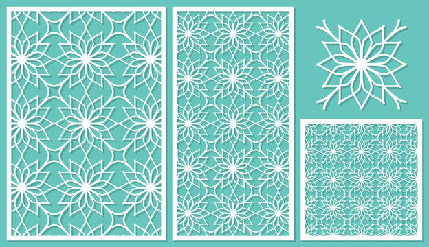 Set of decorative panels laser cutting. Template geometric pattern. The ratio of 2: 3, 1: 2, 1: 1, seamless. Vector illustration.