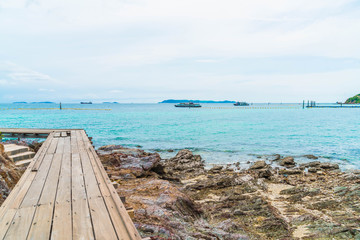 Wooden Bridge with beautiful tropical beach at Koh Larn in Pattaya