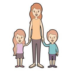 light color caricature thick contour full body mother taken hand with girl and boy vector illustration