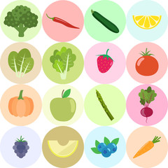 Set of fresh healthy vegetables, fruits and berries isolated. Flat design. Organic farm illustration. Healthy lifestyle vector design elements.