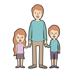 light color caricature thick contour full body man taken hand with girl and boy vector illustration