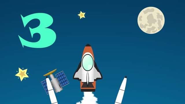 Animation cartoon rocket count down introduction for children and kid astronomy education. A rocket takeoff from earth into space and young astronauts floating out for exploration in space station.