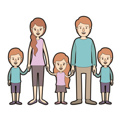 light color caricature thick contour family with young parents and little kids taken hands vector illustration