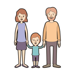 light color caricature thick contour family with father bearded and mom with short hair with little boy taken hands vector illustration
