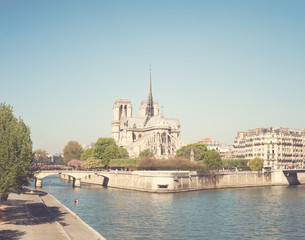 Fototapeta na wymiar Notre Dame cathedral from behind and Seine River