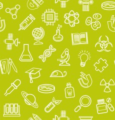 Science, green background, contour icons, monochrome, seamless, vector. White, line icons on a light green field. Different types of scientific activities. Vector flat background.  