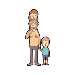 light color caricature thick contour bearded father with girl on his back and boy taken hands vector illustration