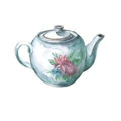 Watercolor teapot for welding. Porcelain with a flower. The illustration is made in hand-drawn graphics on a white isolated background.