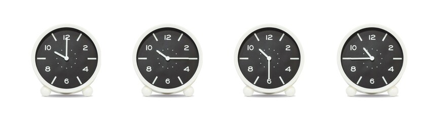 Closeup group of black and white clock with shadow for decorate show the time in 10 , 10:15 , 10:30...