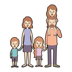 light color caricature thick contour family group with parents and little kids taken hands vector illustration