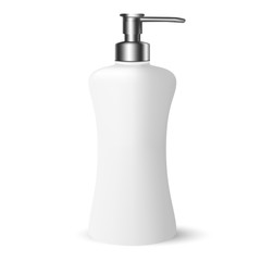 Vector Packaging: White Gray Cosmetic Bottle beauty products with silvery pump cap on white background. Mock-up template ready for design.