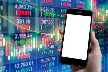 hand holding smart phone. background Stock market chart,Stock market data on LED display concept. Smartphone with blank screen and can be add your texts or others on smart phone.