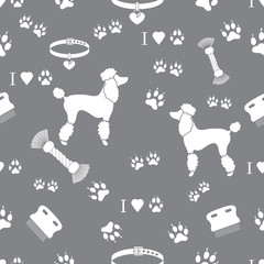 Seamless pattern with poodle silhouette, comb, collar, dog tracks, hearts and toy for dogs from a rope.