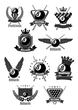 Vector icons for billiards or poolroom sport game