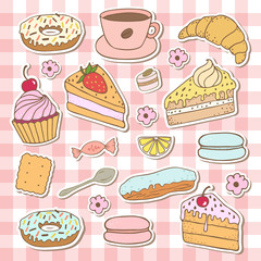 Doodle set - coffee, bakery stickers. Dessert set.